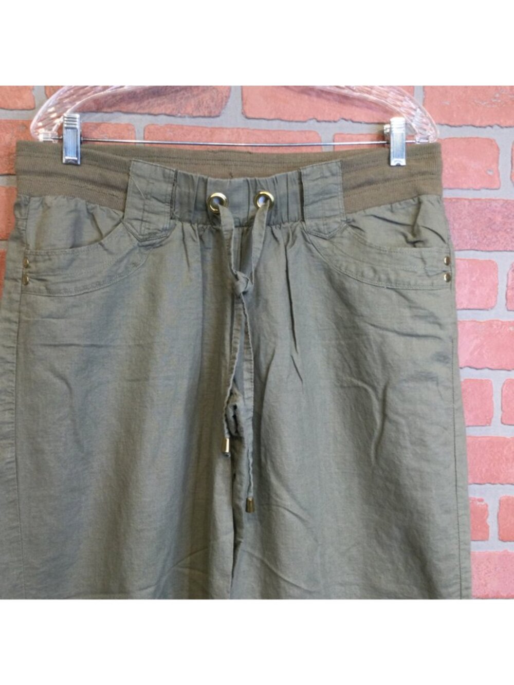 Y2K Mandee Womens Linen Blend Wide Leg Pants XL Elastic Waist Olive Green - Picture 2 of 7
